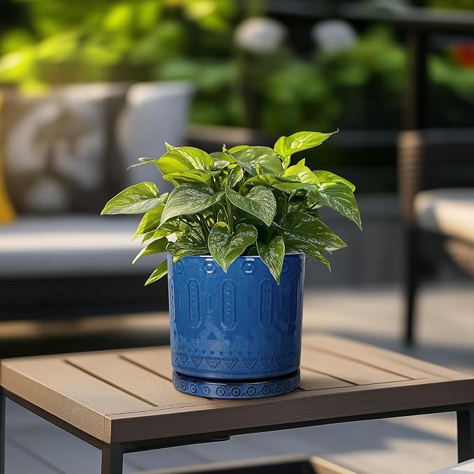 Ceramic Planter with Drainage Hole and Saucer for Plants - Image 2