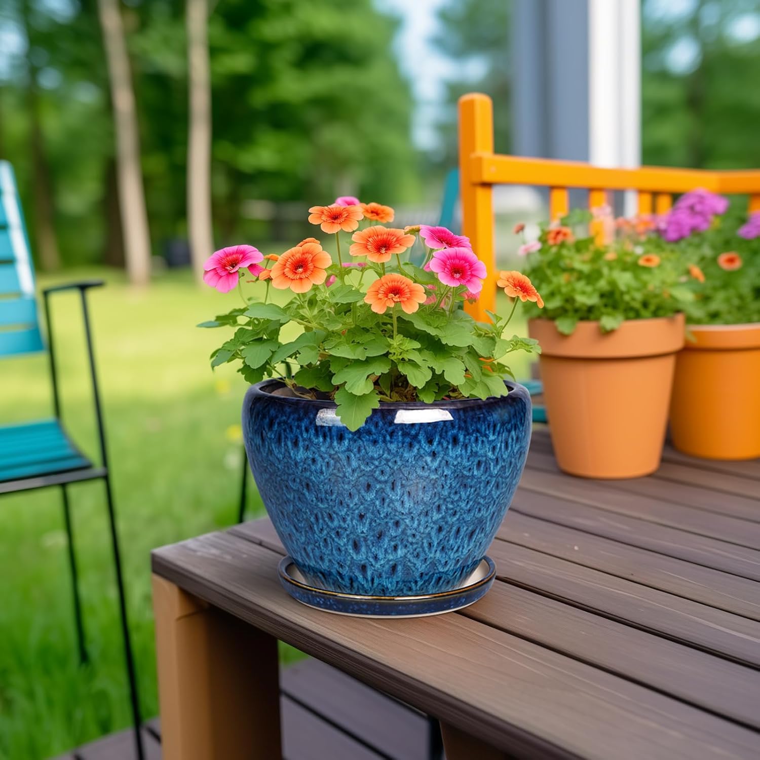 Ceramic Glazed Planter with Drainage Hole and Saucer for Plants