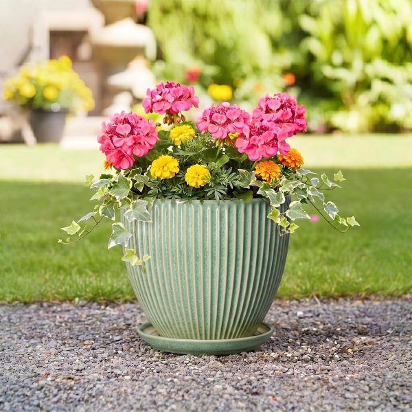 Ceramic Plant Pot with Drainage Hole and Saucer for Decor